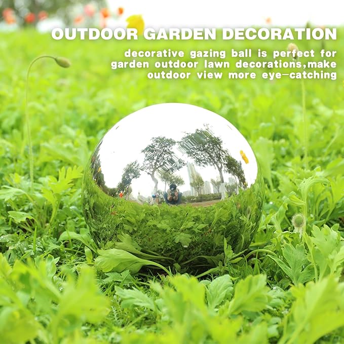 VCUTEKA Gazing Ball, 10" Stainless Steel Mirror Ball Reflective Garden Sphere, Gazing Globe for Home Garden Patio Lawn Outdoor and Indoor Decorative, Silver