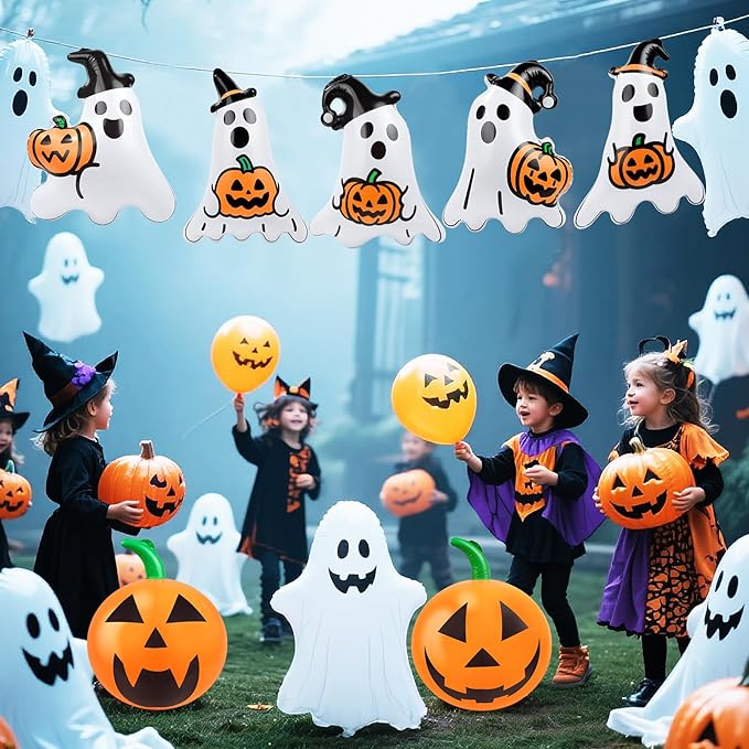 10 Packs 16 Inches Halloween Inflatable Pumpkin&Ghost Outdoor Decorations PVC Inflatable Hanging Pumpkin&Ghost Ornaments Blow Up Pumpkin&Ghost for Halloween Party Yard Garden Outdoor Decoration