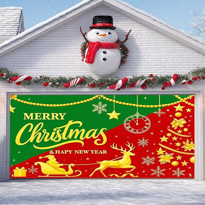 IVN Christmas Garage Door Cover Decoration 13x6ft Snowy Night Trees with Green Red Sleigh Scene Deer Merry Christmas Garage Door Banner Home Door Front Yard Decor for Xmas Eve Holiday Outdoor