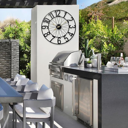 Large Wall Clock, Modern Black Decorative Wall Clock Silent Non Ticking Battery Operated, 24 Inch Wheel Metal Clock for Outdoor Covered Patio, Pool Area, Living Room, Farmhouse, Kitchen