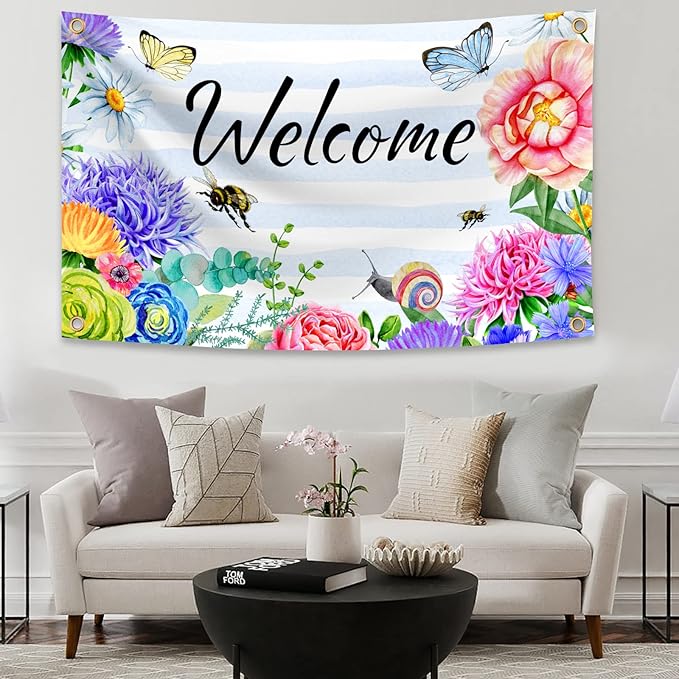 Welcome Spring Summer Flag 3x5 FT Flower Butterfly Bee Yard House Flags Season Banner Polyester Double Stitched with 4 Brass Grommets Flag for Outdoor Indoor Home Decor