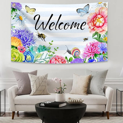 Welcome Spring Summer Flag 3x5 FT Flower Butterfly Bee Yard House Flags Season Banner Polyester Double Stitched with 4 Brass Grommets Flag for Outdoor Indoor Home Decor