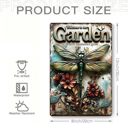 Garden Signs for Outside, 2D Flat Funny Metal Signs for Porch Garden Patio Yard - Welcome to our Garden Where Memories Grow, Vintage Gardening Gifts for Women, Wall Decor 12" x 8"