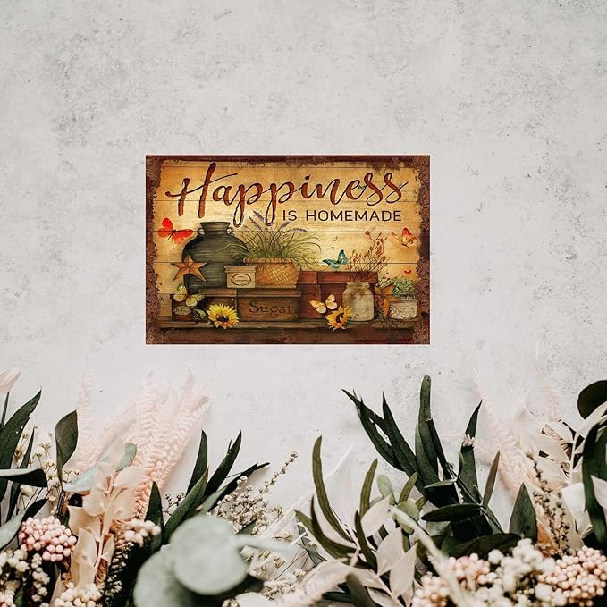 Flowers Metal Poster, Country Rustic Butterfly Tin Sign, Happiness is Homemade, Yard Garden Garage Farm Outside Wall Decor Plaque Outdoor for Home Fence 8 X 12 Inch