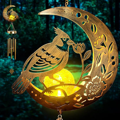 Rosefinch Solar Wind Chime for Outside - Exquisite Vermilion Bird Design, Handmade Aluminum Wind Chimes for Garden/Lawn, Soothing Zen Decor, Gift for Asian-Themed,Housewarming & Meditation Spaces