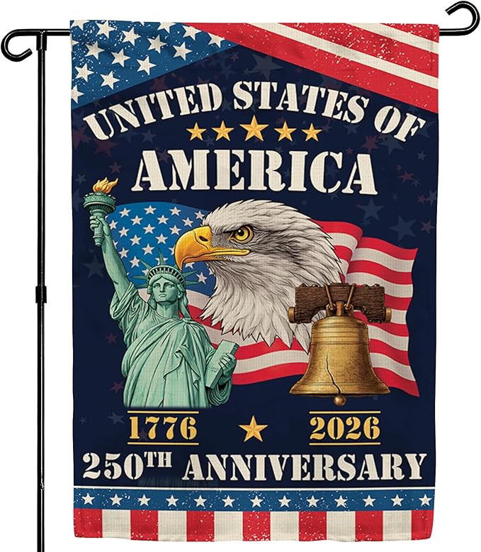 250th Anniversary America USA Garden Flag for Outside, Eagle Liberty Bell Statue of Liberty 1776-2026 Patriotic Double-Sided Waterproof Yard Flag 12x18 Inch for 4th of July Memorial Day Decor