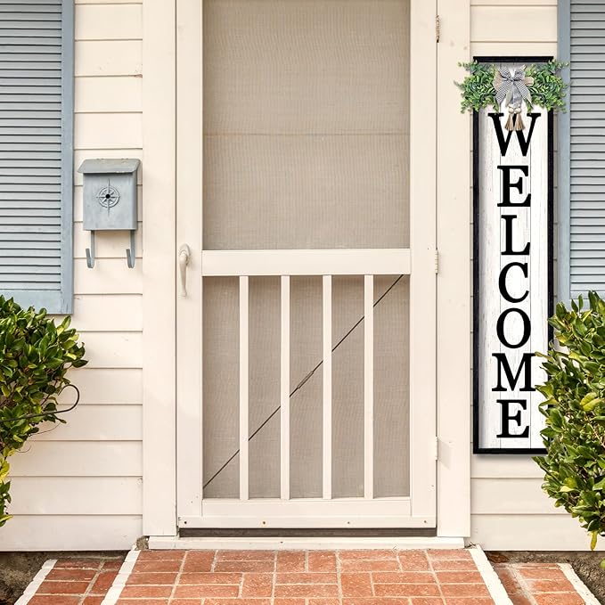flowtorely Outdoor Welcome Sign for Front Porch Standing 45"×9" Tall Wood Frame Vertical Leaner farmhouse Outside Rustic Large Welcome Sign for Front Door Home Decorations (Black)