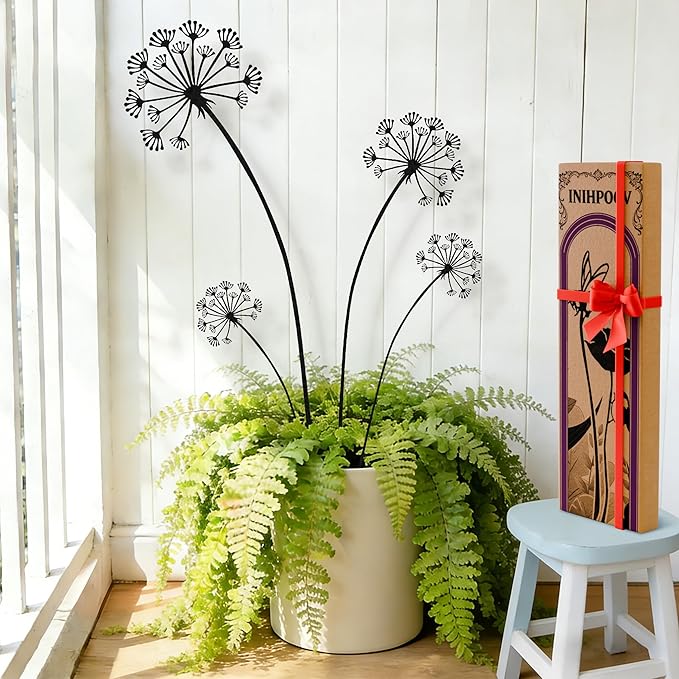 4-Pack Dandelion Metal Flowers for Outside,Black Wild Flower Decorative Garden Stakes for Potted Plants, Metal Yard Art, Gift-Boxed Indoor & Outdoor Garden Decor(Black Dandelion Flower Set)