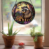 Stained Glass Window Hanging Brown Raccoon Forest Scenery 9.8" - Suncatcher Door Garden Sunroom Sun Catcher Home Decor Birthday Christmas for Mom Men Woman Nana
