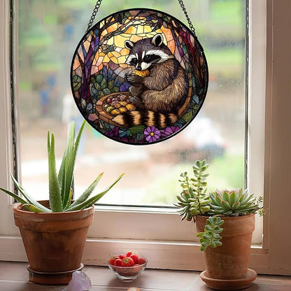 Stained Glass Window Hanging Brown Raccoon Forest Scenery 9.8" - Suncatcher Door Garden Sunroom Sun Catcher Home Decor Birthday Christmas for Mom Men Woman Nana
