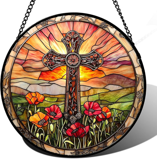 Christian Gifts for Women - Cross Stained Glass Window Hanging Jesus Easter Poppy Sunset Landscape Sun Catcher Garden Religion Decor Mother's Day Catholic Gift for Men Grandma Mom Her 6.3"