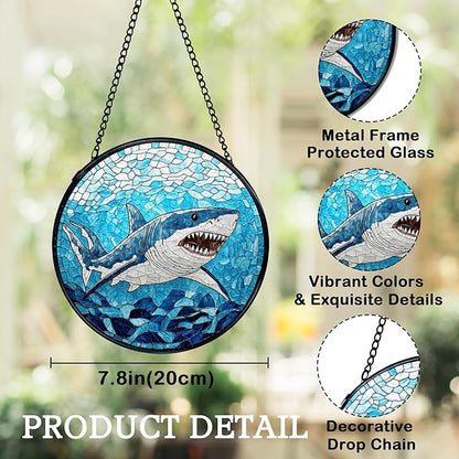Blue Ocean Beach Shark Suncatchers Stained Glass Window Hanging, Shark Decor Sun Catchers Indoor Window Glass Round Wall Decor, Coastal Beachy Wall Hanging Decorations, 7.9x7.9in