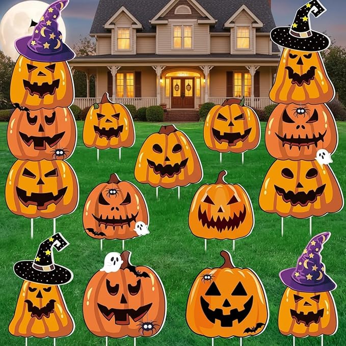 Amyhill 12 Pcs Halloween Pumpkin Yard Signs for Outdoor Spooky Ghost Jack O 16 Pcs Pumpkin with Witch Hats Lawn Stakes Trick or Treat Yard Decorations for Halloween Garden Stack Prop Home Party Decor