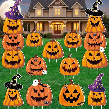 Amyhill 12 Pcs Halloween Pumpkin Yard Signs for Outdoor Spooky Ghost Jack O 16 Pcs Pumpkin with Witch Hats Lawn Stakes Trick or Treat Yard Decorations for Halloween Garden Stack Prop Home Party Decor