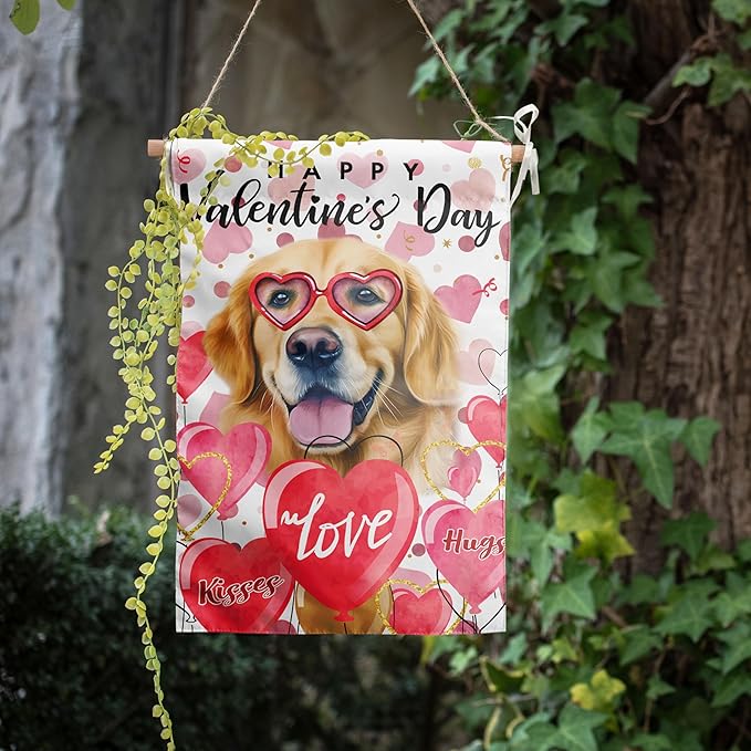 Golden Retriever Valentine Garden Flag Valentines Day Flags for Outside 12x18 Double Sided Small Yard Flags Dog Valentine's Day Decor Outdoor Lawn Valentines Banners Front Porch