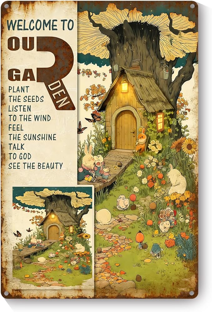 Garden Signs for Outside, Funny Metal Signs for Home Garden Patio Yard - Welcome To Our Garden, Vintage Gardening Gifts for Women, Wall Decor 12" x 8"