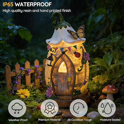 Resin Fairy Cottage Statue with Solar Light Perfect for Garden Decor, Featuring a Charming Morning Glory Vine adorning its Crown. Ideal as a Mother's Day or Birthday Gift, 12.2 inches.