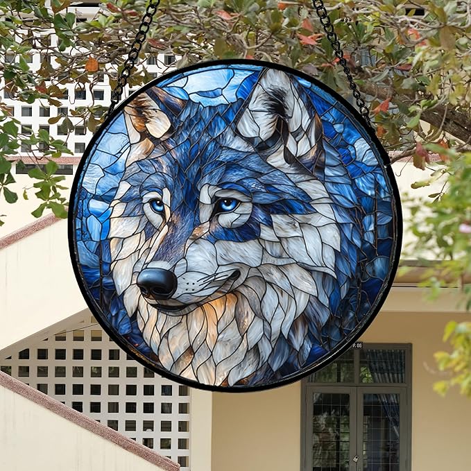 DASTOLL Stained Glass Window Hanging - Funny Wolf Suncatcher Ready to Hang Window Doors Home Decoration and Christmas, Mother's Day Birthday Gifts for Women, Men, and Mom 14.9x14.9 in