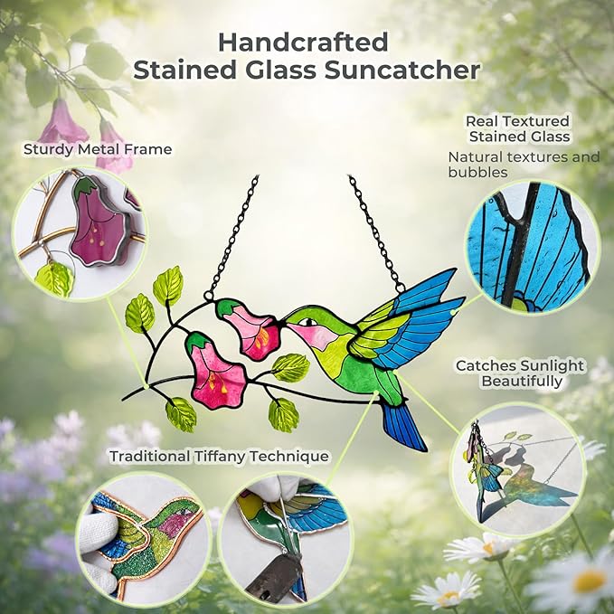 Hummingbird Stained Glass Suncatcher, Handmade Colorful Window Hanging Sun Catcher Ornament for Home & Garden Decor, Great Gift Idea for Bird Lovers & Mom