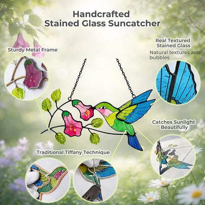 Hummingbird Stained Glass Suncatcher, Handmade Colorful Window Hanging Sun Catcher Ornament for Home & Garden Decor, Great Gift Idea for Bird Lovers & Mom