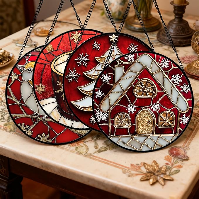 DASTOLL Stained Glass Window Hanging 4 Pcs Set Red Christmas Themed Decorations 9.8" - Suncatcher Door Garden Sun Catcher Decor Birthday New Year for Mom Woman Nana Men