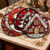 DASTOLL Stained Glass Window Hanging 4 Pcs Set Red Christmas Themed Decorations 7.8" - Suncatcher Door Garden Sun Catcher Decor Birthday New Year for Mom Woman Nana Men
