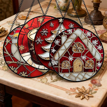 DASTOLL Stained Glass Window Hanging 4 Pcs Set Red Christmas Themed Decorations Large 15" - Suncatcher Door Garden Sun Catcher Decor Birthday New Year for Mom Woman Nana Men