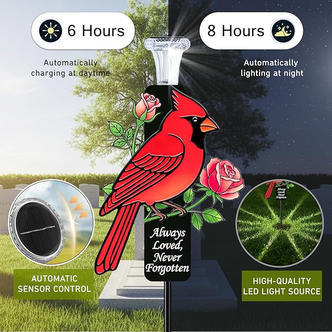Solar Cardinal Memorial Stakes for Graves - Metal Cemetery Decorations with LED Light, Sympathy Gift for Loss of Mother Mom Grandma, Garden Grave Markers (Red Cardinal)