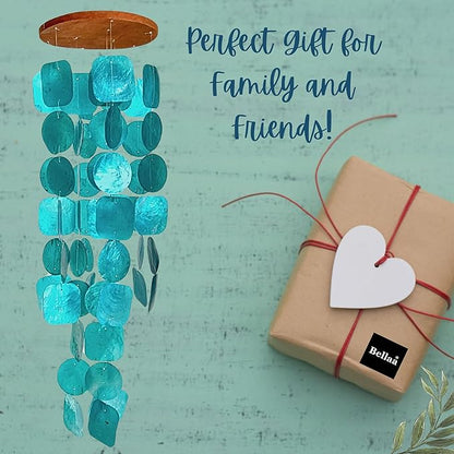Bellaa Handmade Wind Chimes Outdoor, Musical, Garden Decorations, Beach, Ocean, Breeze, Gifts for Mom, Outside Windchimes, 63pcs, Capiz, Shells, Sea, Glass, Wood, Turquoise, 20744