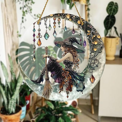 8x8 inch Charming Moonlight Witch Acrylic Stained Glass Window Hanging Sun Catcher Decor Stained Panel Hangings Wall Art Decor, for Friends and Family (Moonlight Witch)