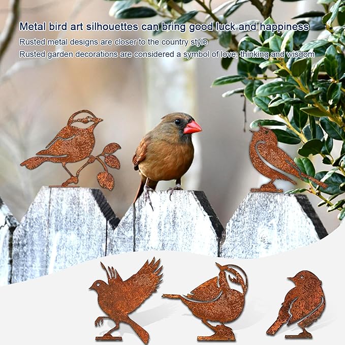 5PCS Rusty Metal Birds Decoration, Outdoor Fence Yard Decor, Metal Bird Art, Fence Decorations Outdoor, Rustic Garden Decor, Garden Sculptures Statues, Lawn Ornaments (Wren)