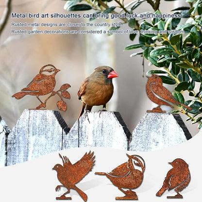5PCS Rusty Metal Birds Decoration, Outdoor Fence Yard Decor, Metal Bird Art, Fence Decorations Outdoor, Rustic Garden Decor, Garden Sculptures Statues, Lawn Ornaments (Wren)