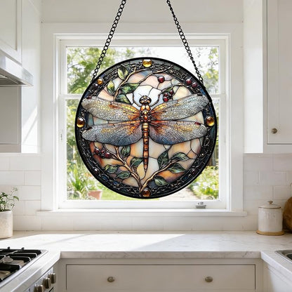 DASTOLL Stained Glass Window Hanging - Dragonfly Plant Suncatcher Ready to Hang Window Doors Home Decoration, Christmas, Mother's Day Birthday Gifts for Women, Men, and Mom 9.8x9.8 in