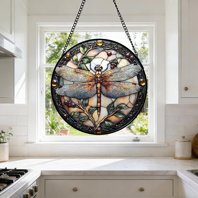 DASTOLL Stained Glass Window Hanging - Dragonfly Plant Suncatcher Ready to Hang Window Doors Home Decoration, Christmas, Mother's Day Birthday Gifts for Women, Men, and Mom11.8x11.8 in