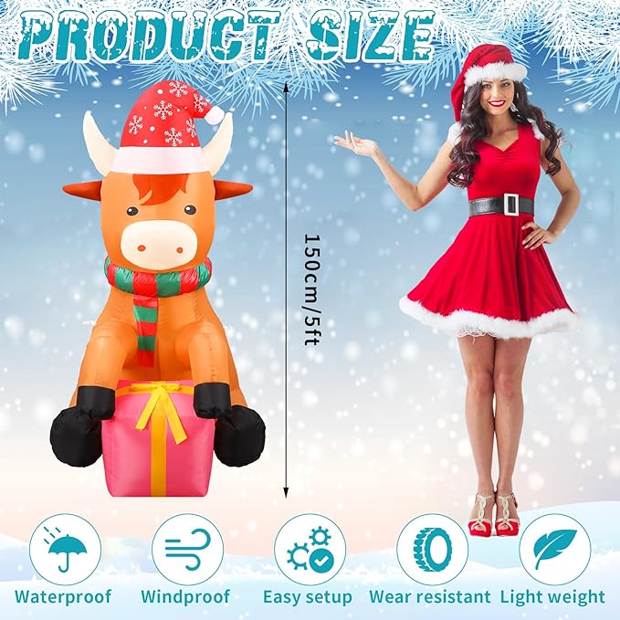 5ft Christmas Inflatables Outdoor Decoration Blow up Highland Cow Wearing Santa Hat Yard Decor with Built in Light for Outdoor Holiday Xmas Party Yard Garden Lawn