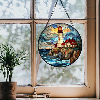 Lighthouse Stained Glass Window Hanging Suncatchers, Coastal Beach Lighthouse Sun Catchers Indoor Window Glass Wall Art Decor, Nautical Ocean Wall Hanging Decorations Sculptures, 7.9x7.9in