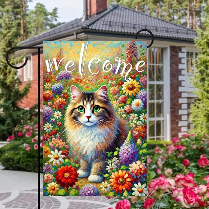 BlissYard Spring Welcome Cat Garden Flag Double Sided 12x18 Inch Tabby Cat Garden Flag Funny Floral Tulip Cats Flags Vertical Farmhouse Welcome Yard Spring Summer Seasonal Outdoor Porch Decor
