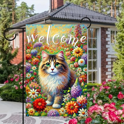 BlissYard Spring Welcome Cat Garden Flag Double Sided 12x18 Inch Tabby Cat Garden Flag Funny Floral Tulip Cats Flags Vertical Farmhouse Welcome Yard Spring Summer Seasonal Outdoor Porch Decor
