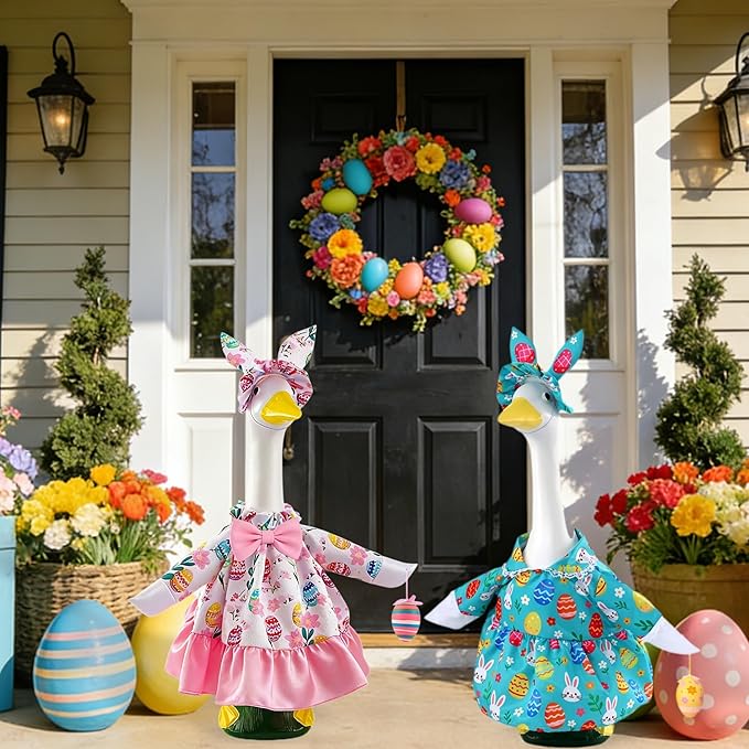 Easter Outfit for Porch Goose, Bunny Ear Hat with Easter Egg, Pink Dress Fit 17-23 Inch Goose Decoration, Holiday Costume for Front Porch Lawn Garden