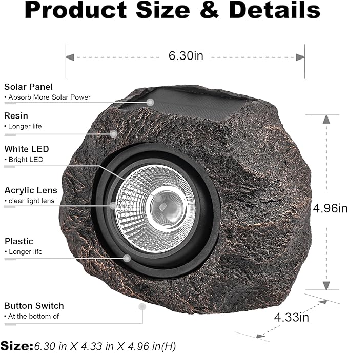 Candieslife Solar Rock Lights Outdoor Garden Waterproof - Super Bright LED Solar Spotlights, Solar Powered Landscape Path Decorative Garden Stone Lights for Pathway, Walkway, Yard, Patio (4 Pack)