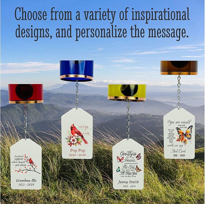 Blue Ridge Mountain Gifts Memorial Wine Bottle Wind Chime with Personalized Flag, Customize with Text & Photo Unique Sympathy Gift
