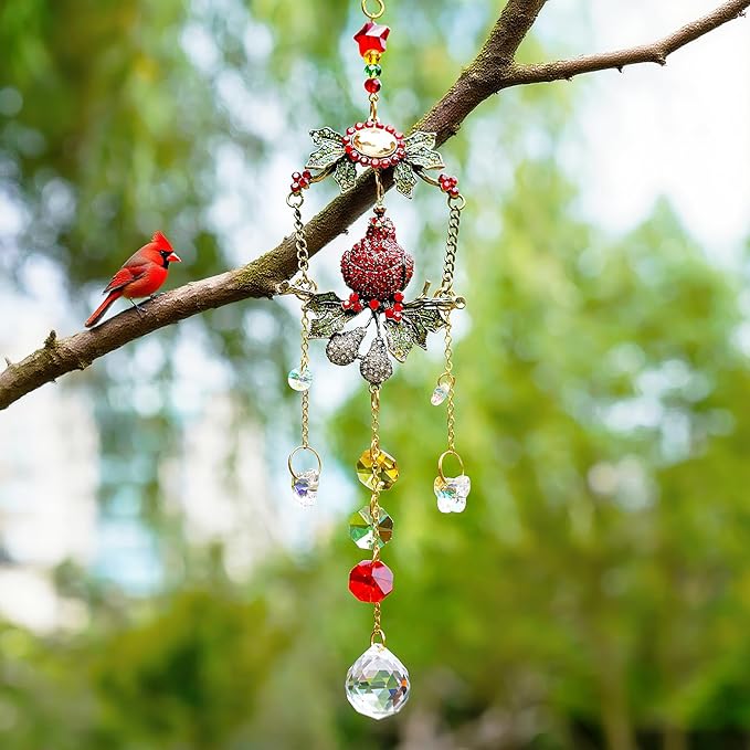 H&D HYALINE & DORA Cardinal on A Branch Suncatchers for Windows 17.5 Inch Crystal Sun Catcher with Metal Chain and Hooks Christmas Birthday Gift for Bird Lovers Women