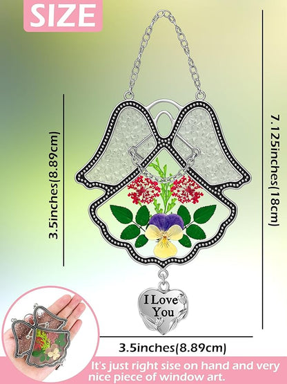 KY&BOSAM Angel Suncatcher I Love You Stained Glass Panels Suncatcher for Window Hanging Wind Chime with Pressed Flower and Metal Trim Sister Heart Charm Birthday Gift for Mom Mothers Day Christmas