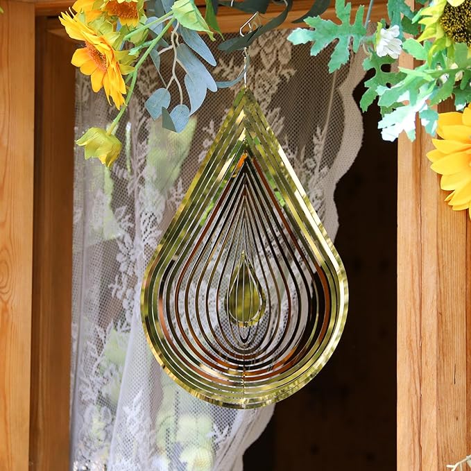 Phuryllic Wind Spinners Outdoor, Garden Decor, Bird Deterrents for Outside, 3D Metal Yard Decorations for Patio & Porch, Unique Gardening Gifts for Women & Moms - 12in Gold Waterdrop