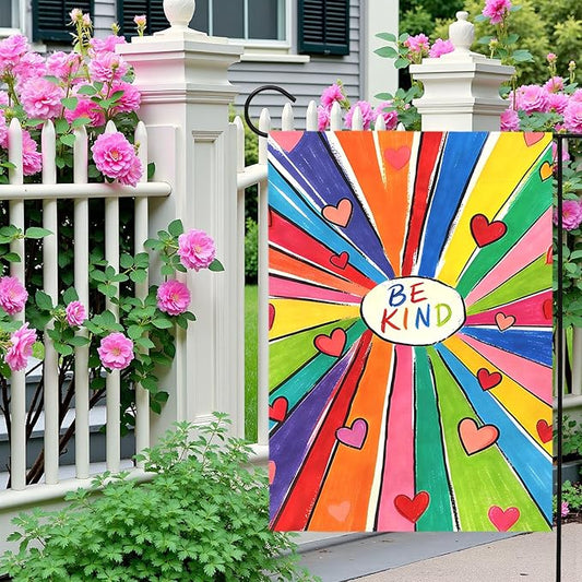 Be Kind Garden Flag Colorful Positive Message Outdoor Yard Flags Rainbow Heart Art House Banner for Teachers Schools Classrooms Front Porch Patio Community Welcome Kindness Decor 12x18 Inch