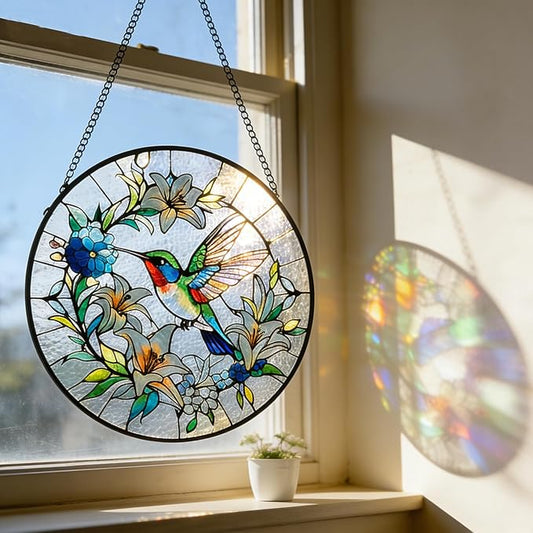 Sun Catcher Stained Glass Window Hanging 8 inch Birds & Flowers Suncatcher Wall Art Home Decor Sun Catchers Decoration for Garden Home Housewarming Gifts