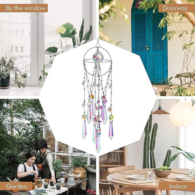 Crystal Sun Catcher Hanging Suncatchers Crystal Prisms Wind Chime Room Decor for Garden Home Windows Decoration (Silver Planet)