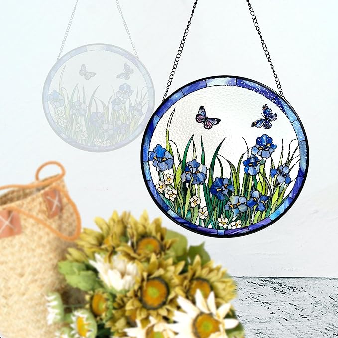 Blue Irises and Butterflies Stained Glass Suncatcher, Handmade Window Hanging Wall Art with Chain, Real Glass Indoor Home Decor, Unique Sun Catcher Gift for Women, Christmas, 11.8”
