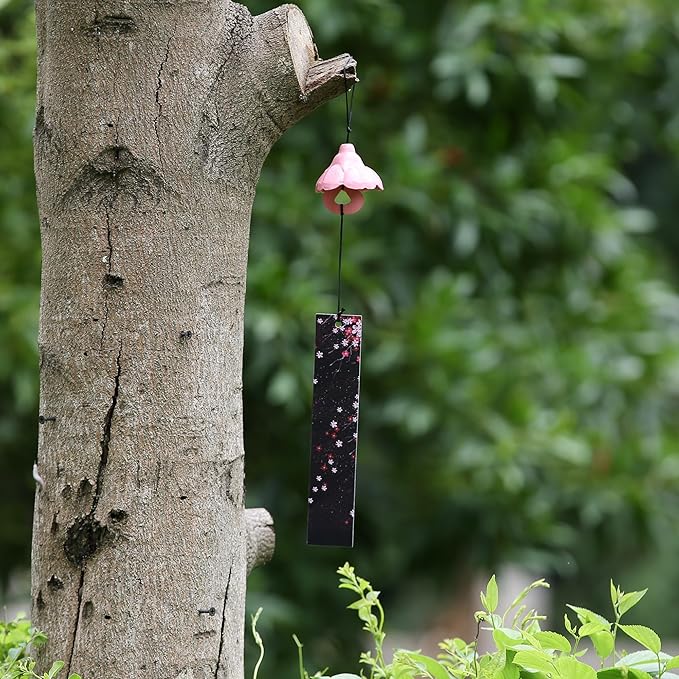 Japanese Wind Chime Cast-Iron Outdoor Ornament for Garden, Patio & Balcony, Hanging Metal Wind-Bell Decoration Gift, Blessing Pendant Windchimes & PVC Wind-Catcher, Cherry Blossom Petals