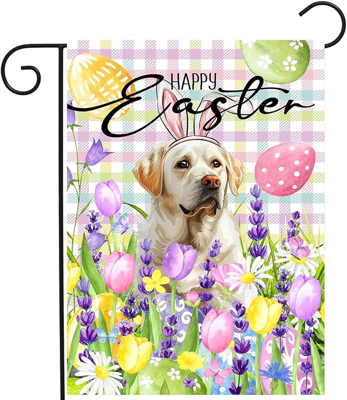 Happy Easter Labrador Dog Garden Flag White Lab Spring Flags Buffalo Plaid Bunny Eggs Yard Flag for Outside 12x18 Double Sided Small Decorative Floral Outdoor Flag